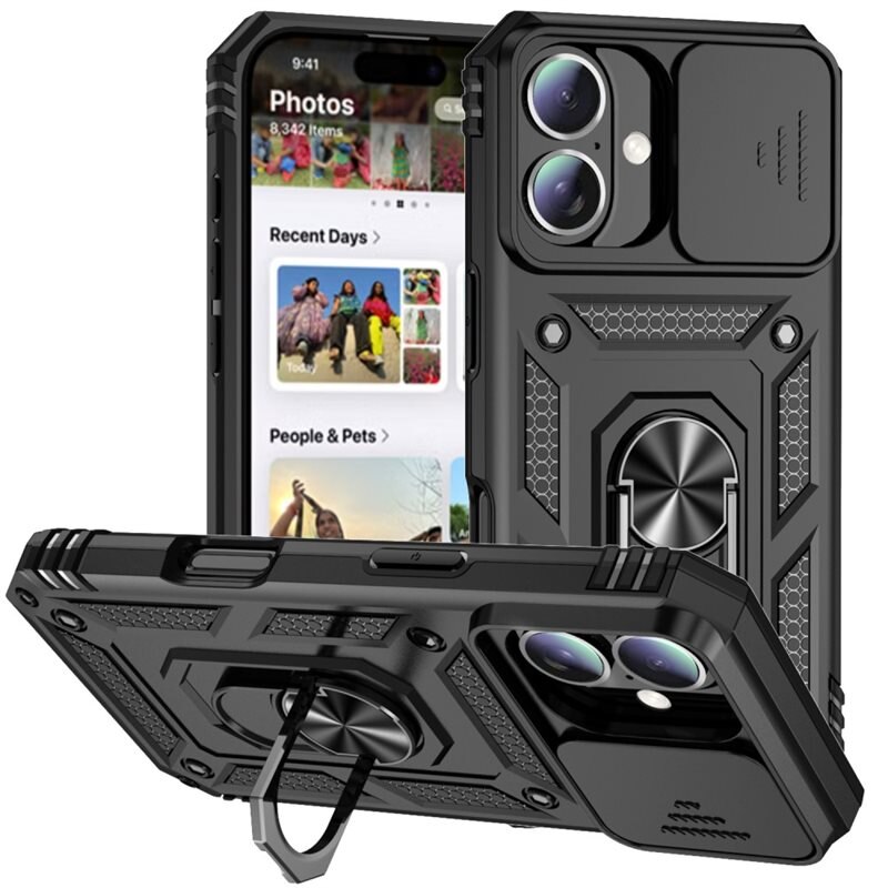 Hybridcover Ring + Kamerabeskyttelse iPhone 16e Sort - Fedt cover med kamerahul