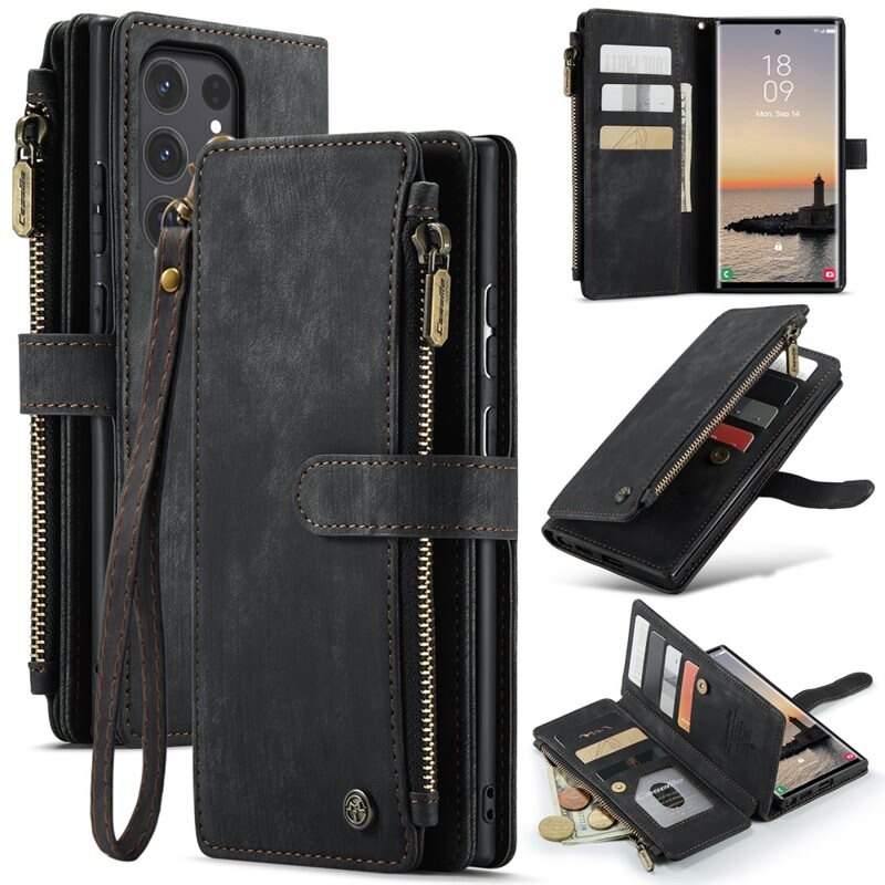CaseMe Zipper Wallet Samsung Galaxy S25 Ultra Sort - Mobilcover med indbygget pung, møntrum og seddellomme