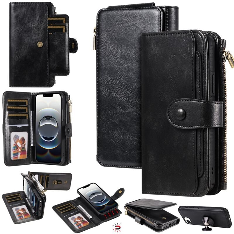 Magnet Leather Multi-Wallet iPhone 16e sort