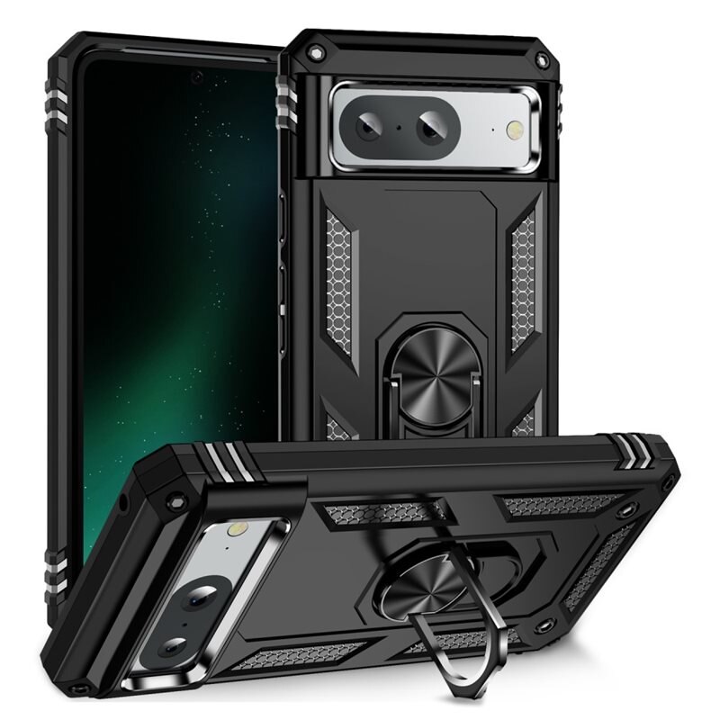 Hybridcover Tech Ring Google Pixel 8 sort - Fedt stødsikkert cover med gribering