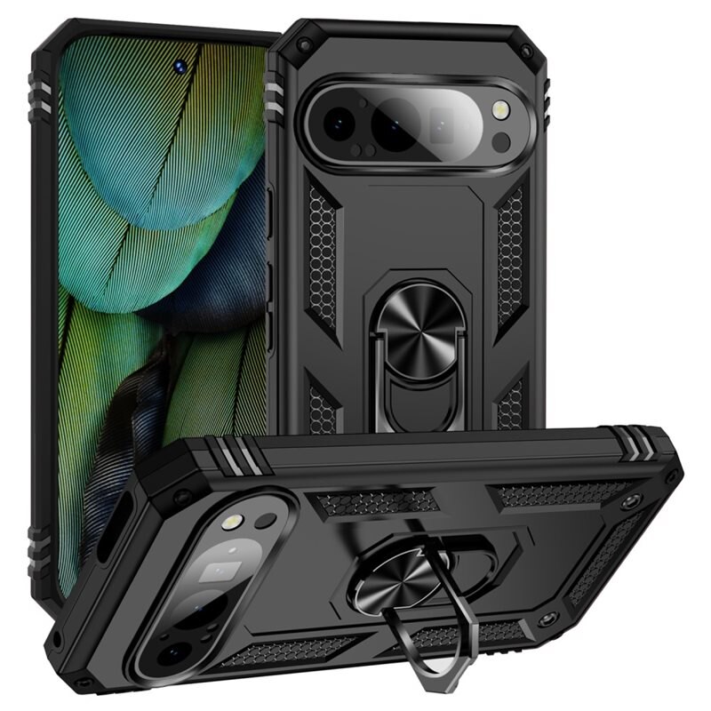 Hybridcover Tech Ring Google Pixel 9 Pro sort - Fedt stødsikkert cover med gribering