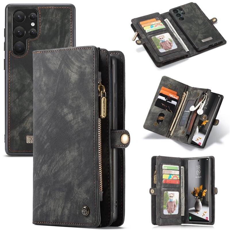 CaseMe Multi-slot Mobiltaske Samsung Galaxy S22 Ultra Grå - Mobilcover med ekstra mange kortpladser - Kortholder
