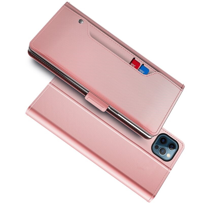 Mobiltaske Spejl iPhone 14 Pro rosaguld - Pungetui med kortlomme
