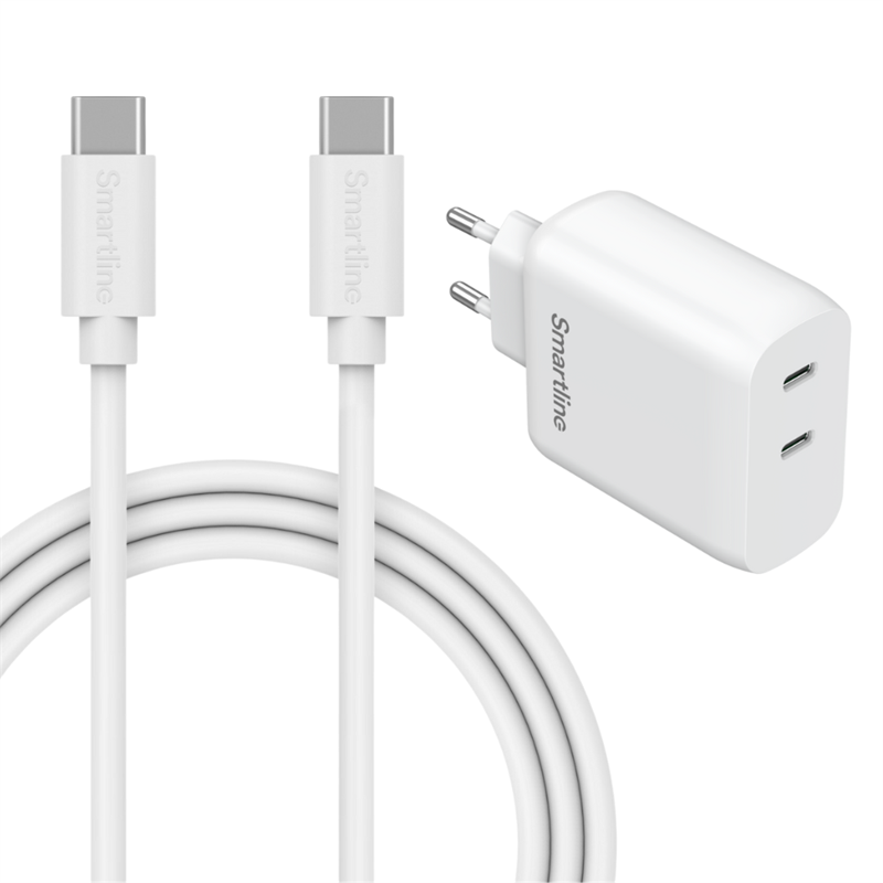 Premiumoplader Samsung Galaxy A16 - 2 meter kabel og Dual vægoplader USB-C 35W - Kraftfuld oplader med lang ledning og to USB-C-porte