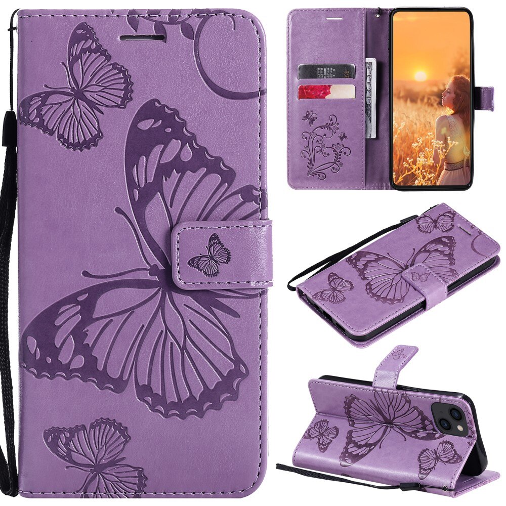 Læderetui Sommerfugle Apple iPhone 13 Mini Lilla