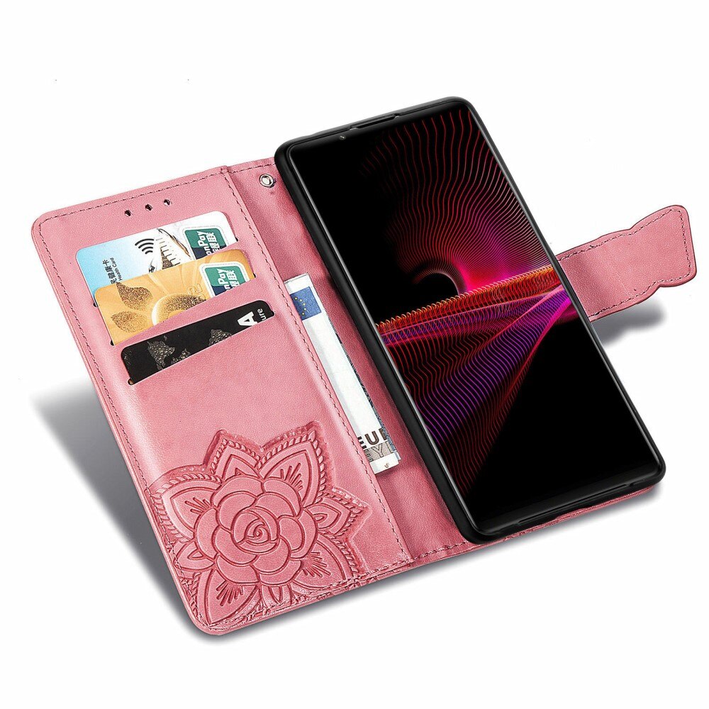 Læderetui Sommerfugle Sony Xperia 1 III Lyserød