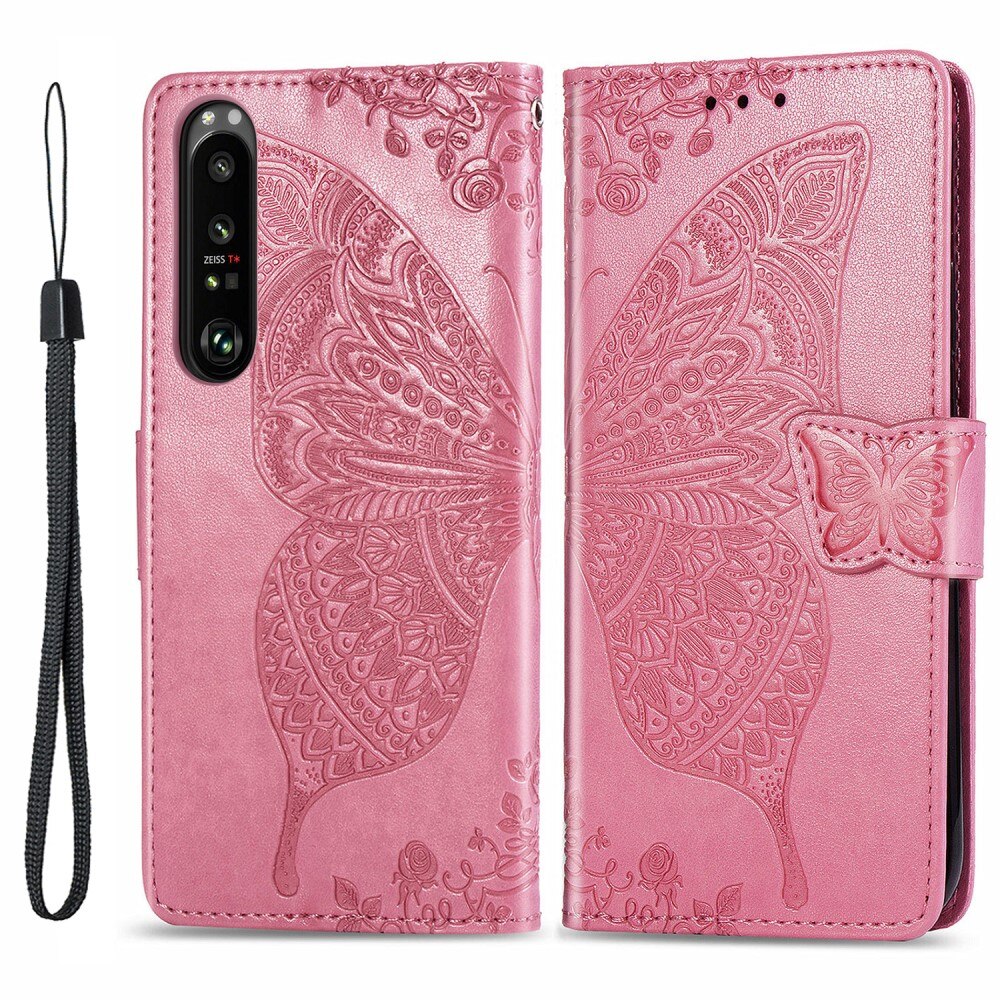 Læderetui Sommerfugle Sony Xperia 1 III Lyserød