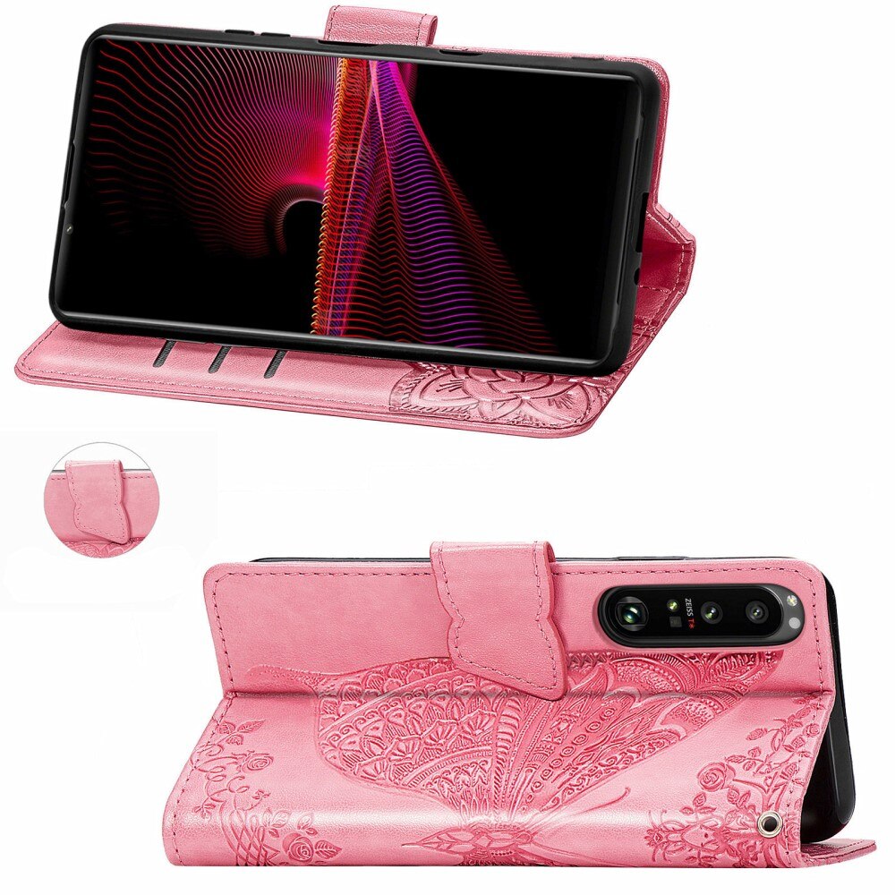 Læderetui Sommerfugle Sony Xperia 1 III Lyserød