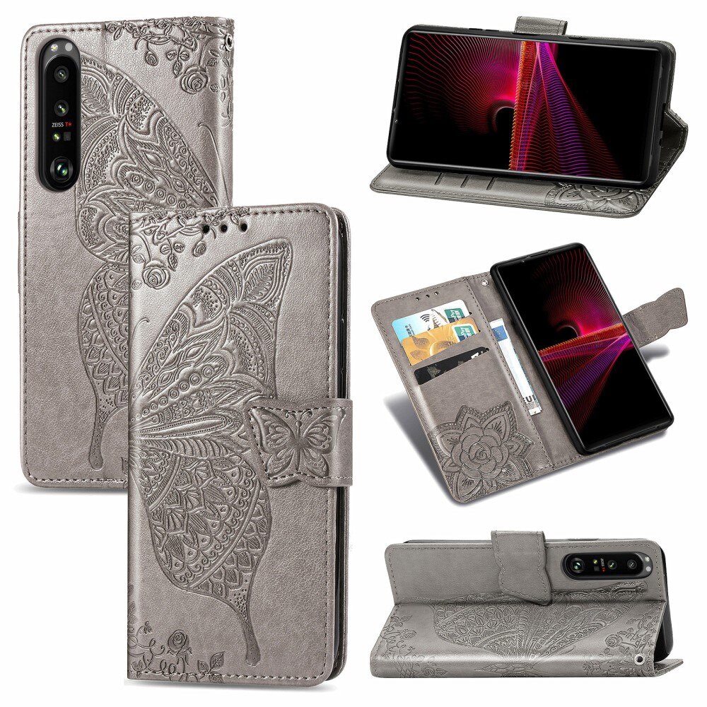 Læderetui Sommerfugle Sony Xperia 1 III Grå