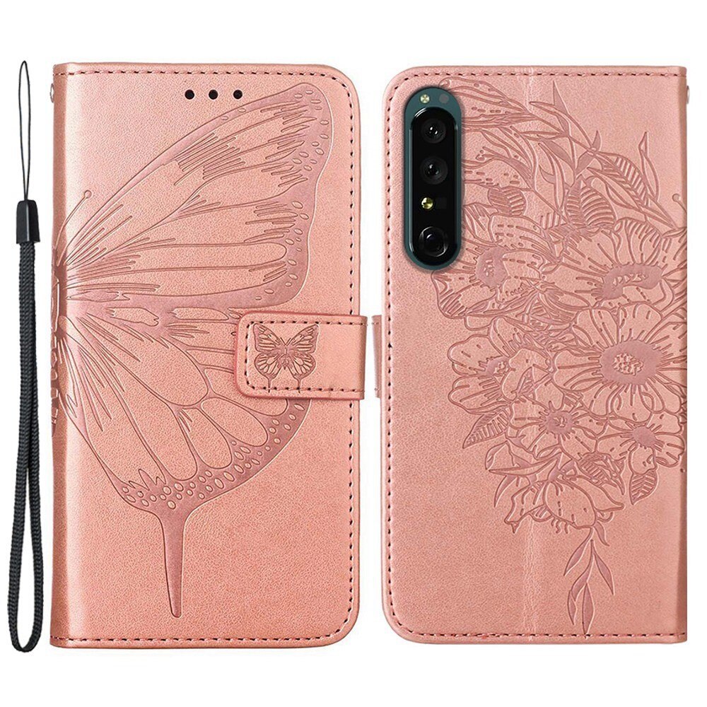 Læderetui Sommerfugle Sony Xperia 1 IV Rose guld