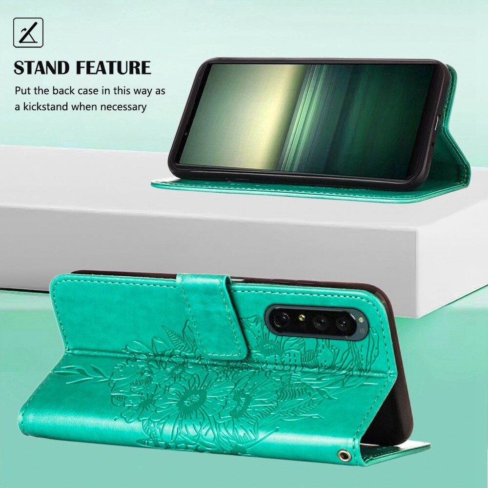 Læderetui Sommerfugle Sony Xperia 1 IV Grøn