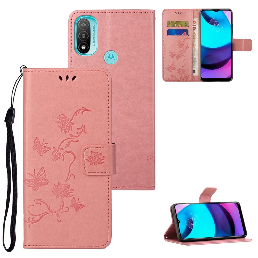 Læderetui Sommerfugle Motorola Moto E20/Moto E40 Lyserød