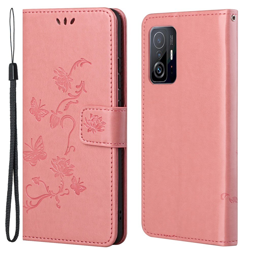 Læderetui Sommerfugle Xiaomi 11T/11T Pro Lyserød