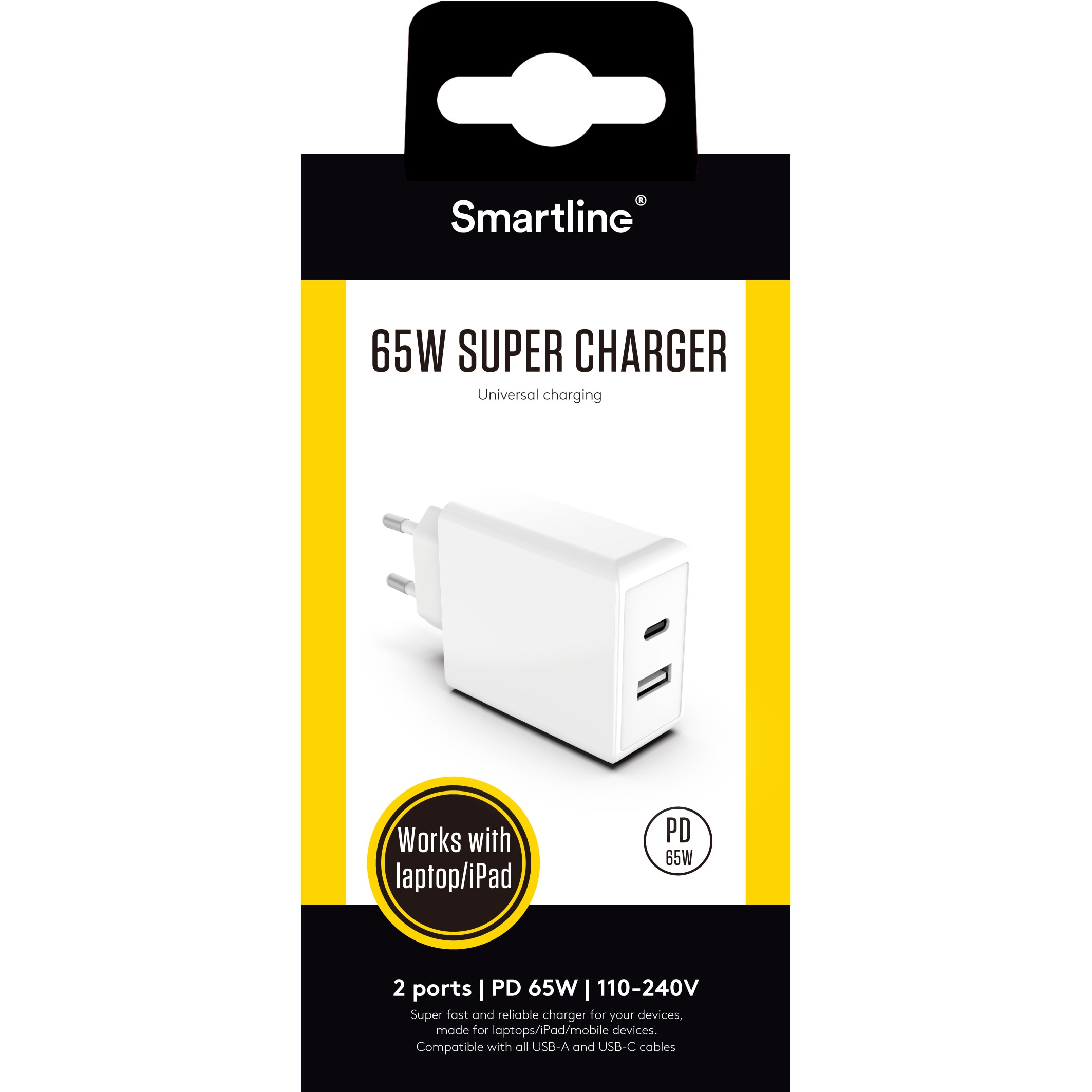 Dual PD Wall Charger 65W USB-C+A hvid