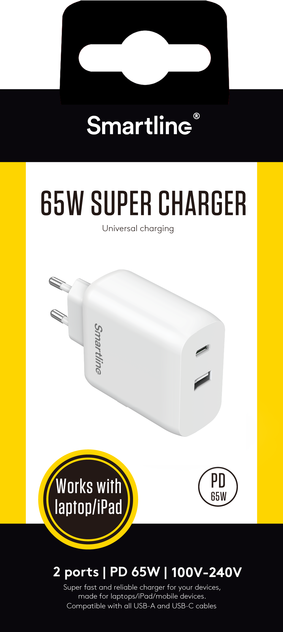 Dual PD Wall Charger GaN 65W USB-C+A hvid