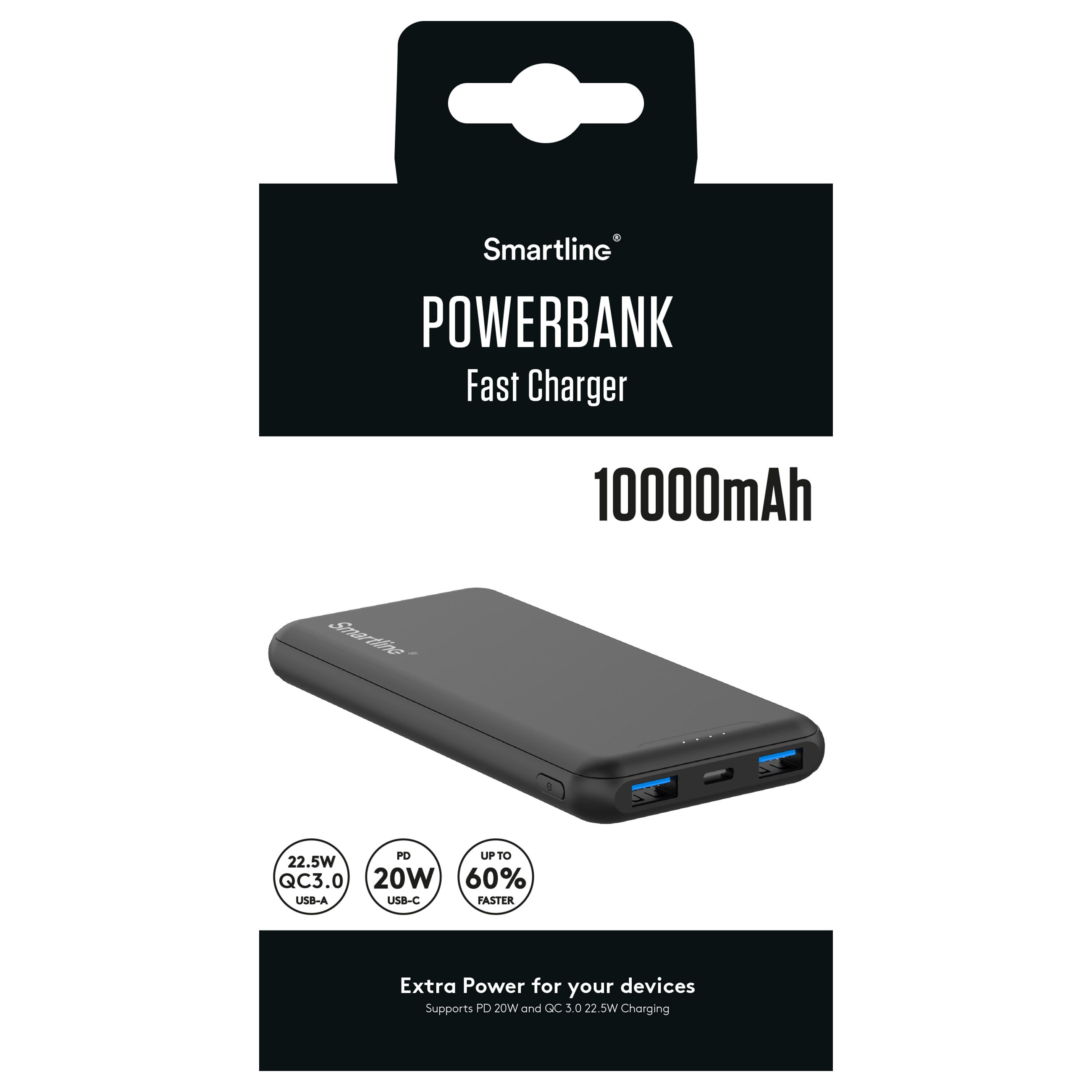 Powerbank 10000 mAh USB-A + USB-C PD sort