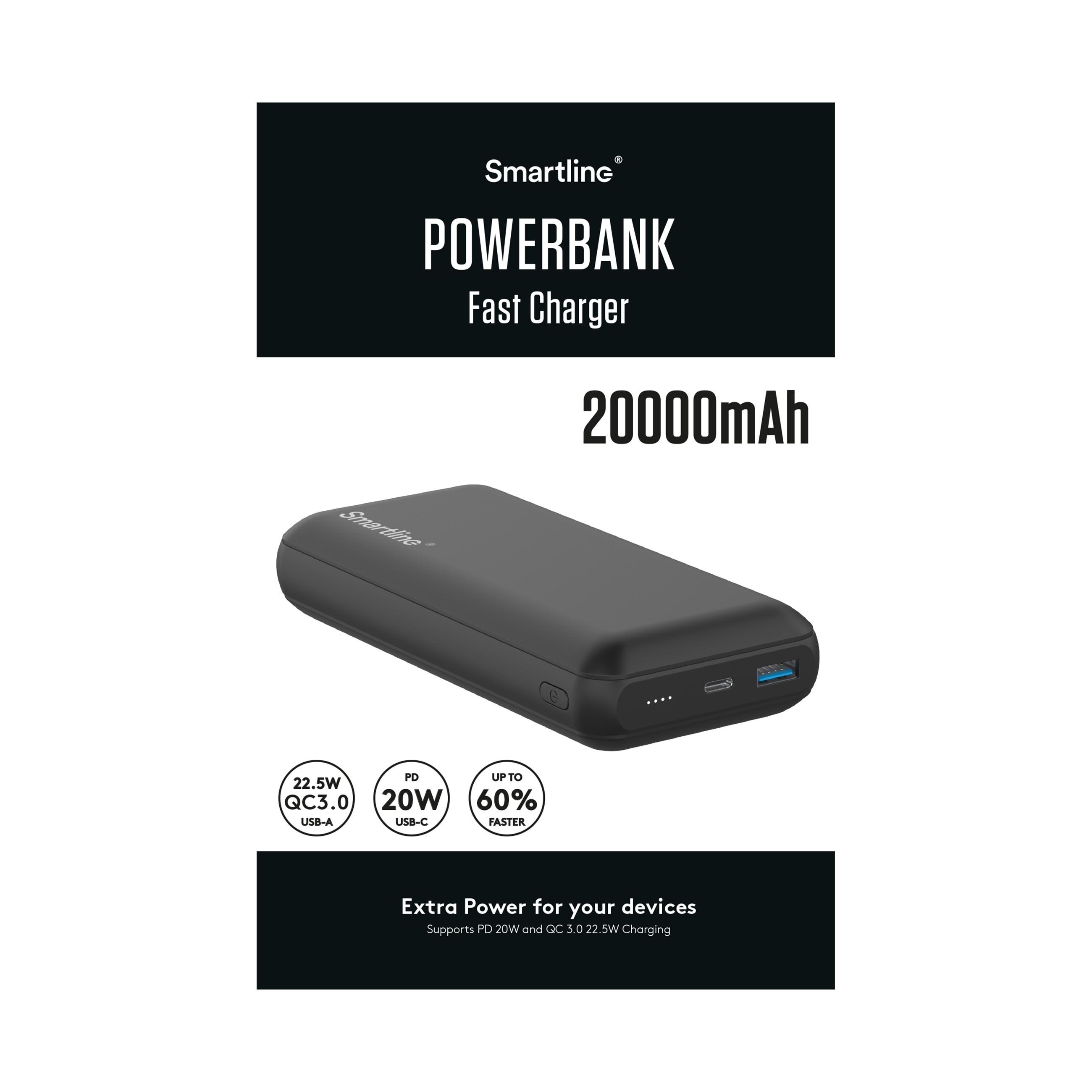 Powerbank 20000 mAh USB-A + USB-C PD sort