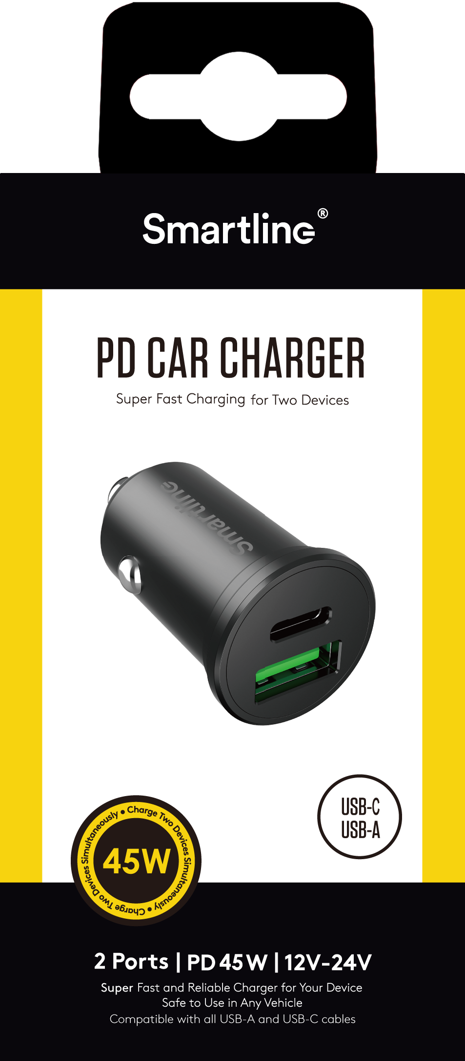 PD Dual Car Charger USB-C + USB-A 45W 12V-24V sort