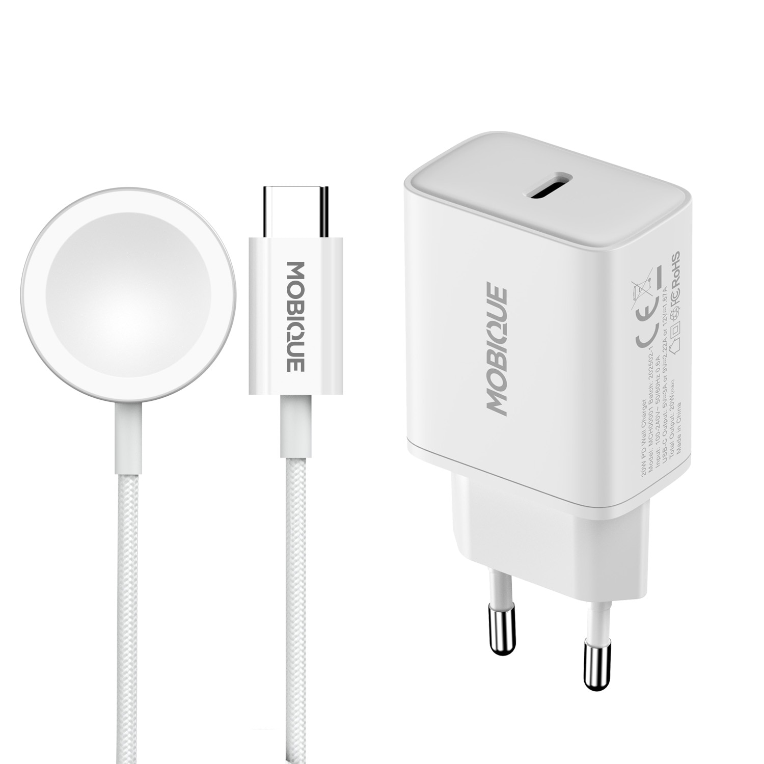 Komplet oplader Apple Watch SE 44mm kabel og vægoplader 20W Hvid