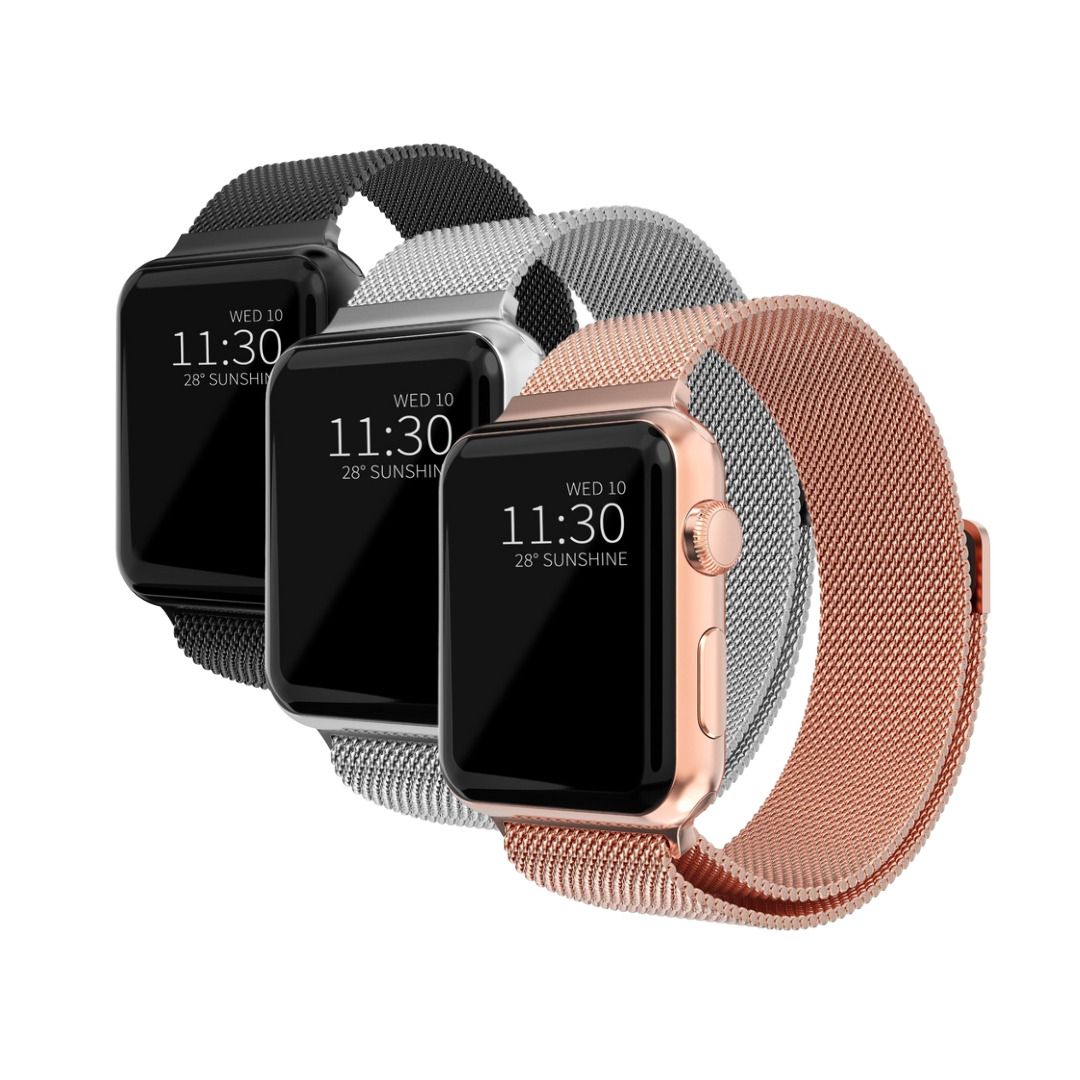 Apple Watch Series 10 42mm Sæt Armbånd Milanese Loop sort, sølv, rose guld
