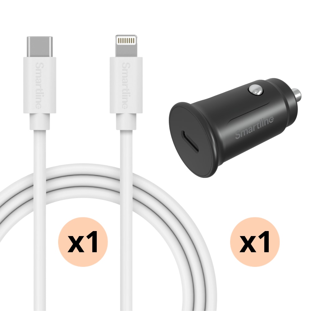 Komplet Biloplader til iPhone 12/12 Pro - 1m kabel og oplader Lightning - Smartline