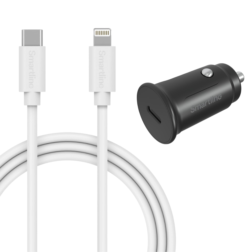 Komplet Biloplader til iPhone SE (2022) - 1m kabel og oplader Lightning - Smartline