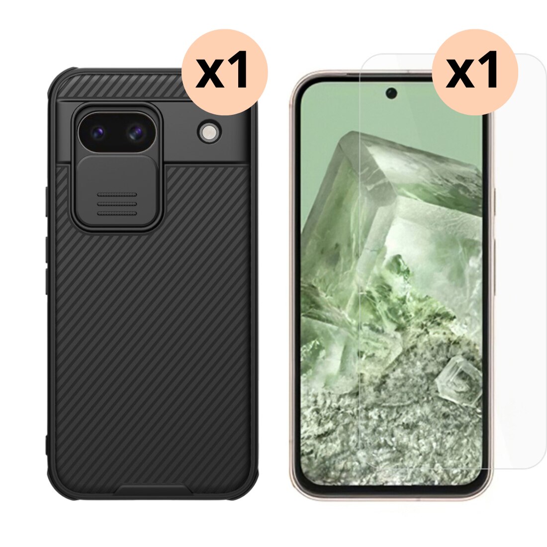 Google Pixel 8a Sett med CamShield Cover og skærmbeskyttelse