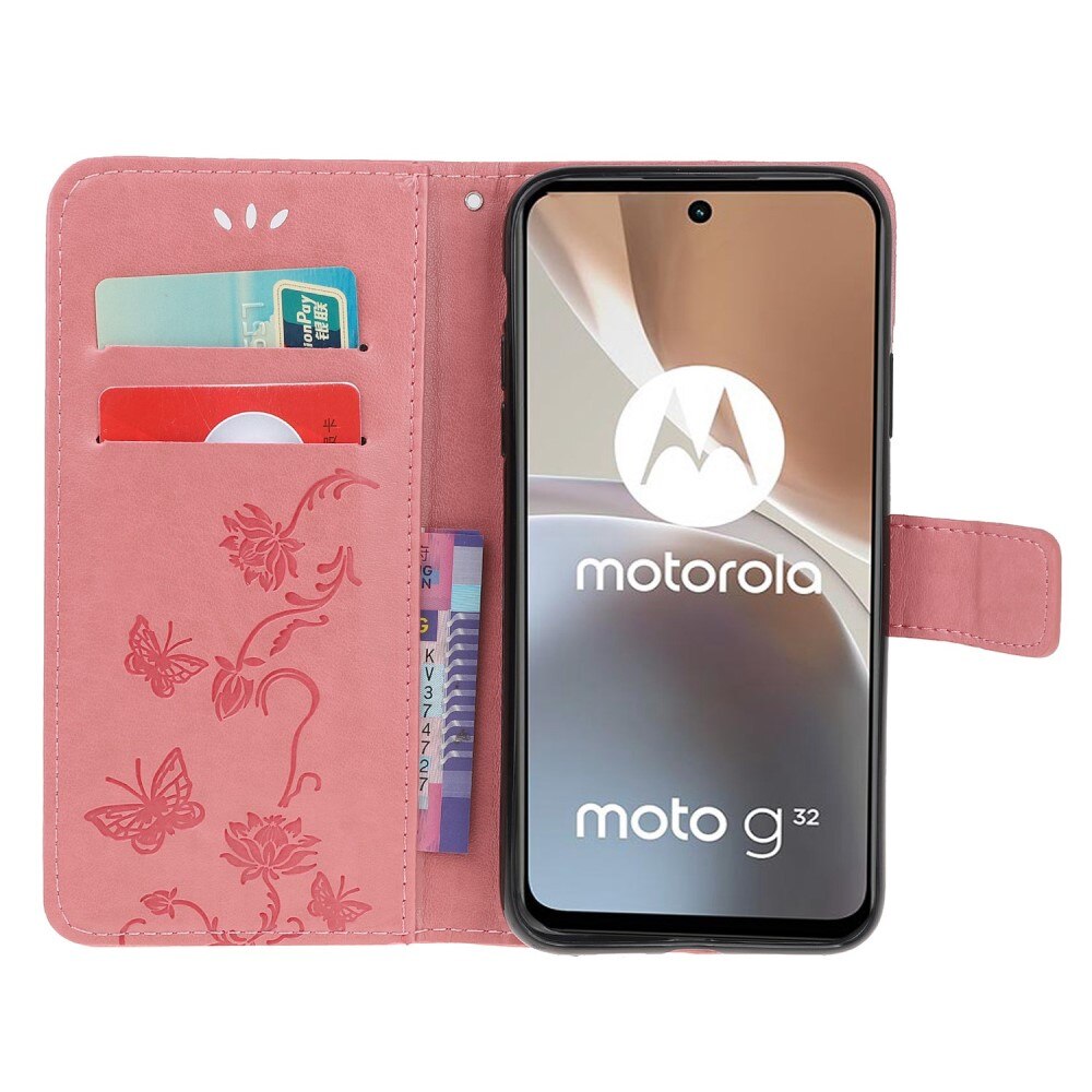 Læderetui Sommerfugle Motorola Moto G32 lyserød