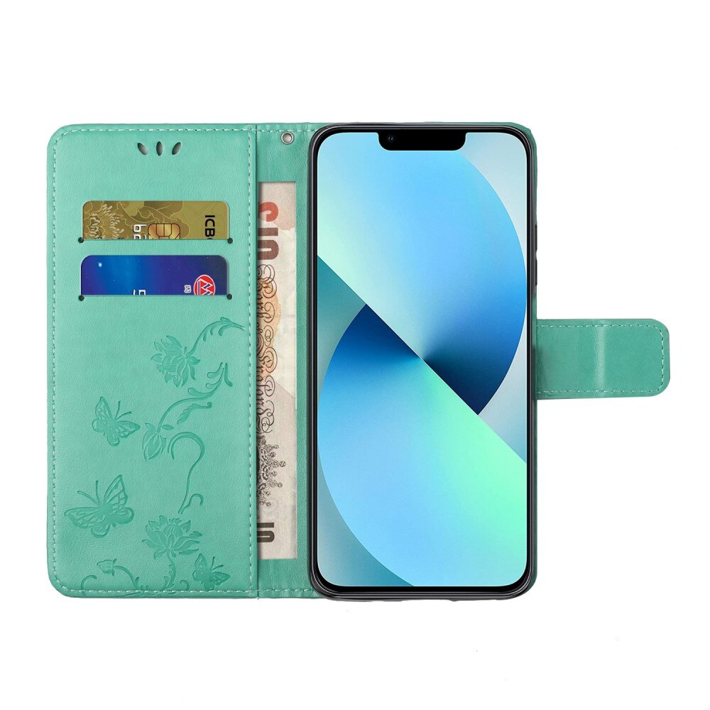 Læderetui Sommerfugle Apple iPhone 14 Grøn