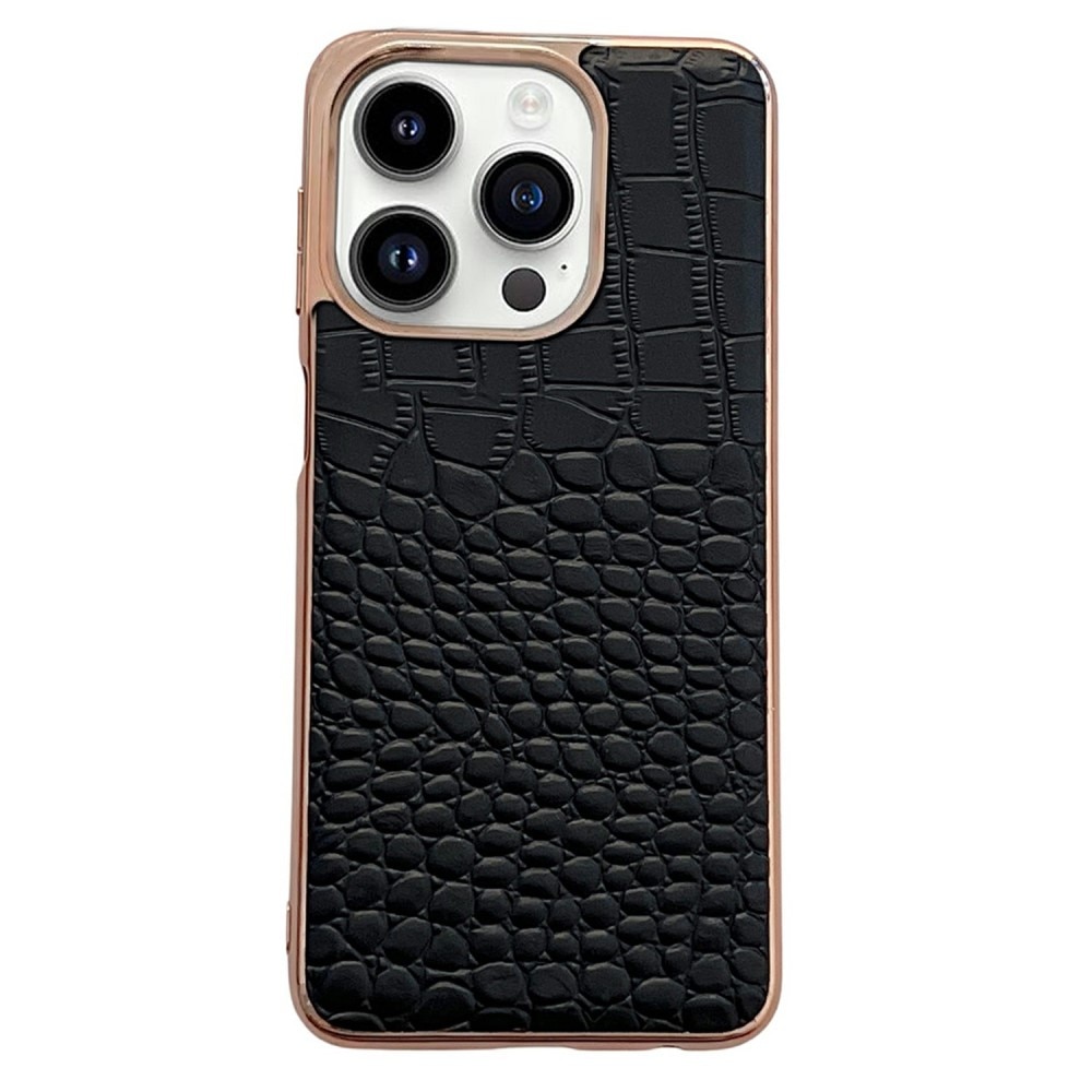 Ægte Læder Cover Krokodille iPhone 14 Pro sort/rose guld