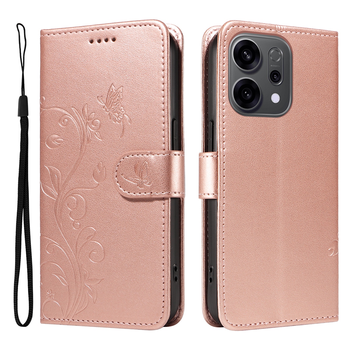 Læderetui Sommerfugle Oppo Reno 14 F Rose guld