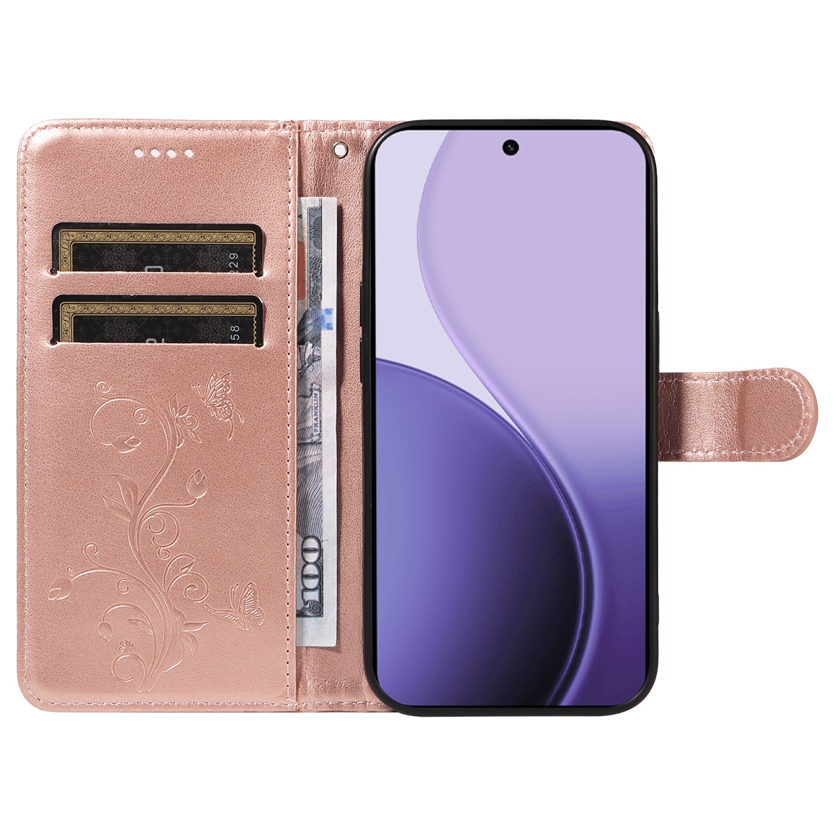 Læderetui Sommerfugle Oppo Reno 14 F Rose guld