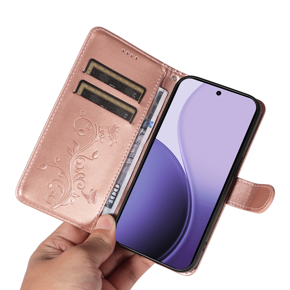 Læderetui Sommerfugle Oppo Reno 14 F Rose guld