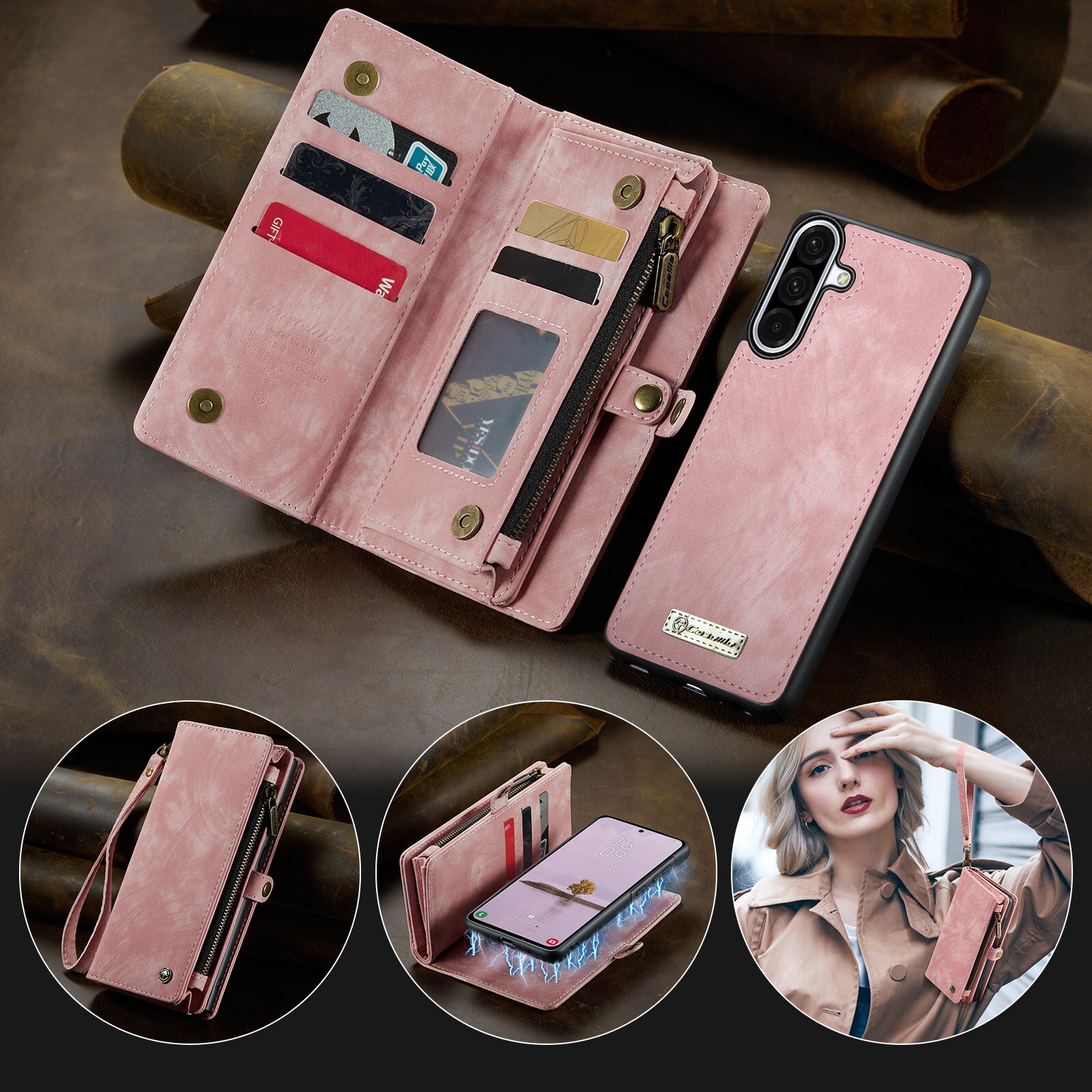 Multi-slot Mobiltaske Samsung Galaxy A17 Lyserød
