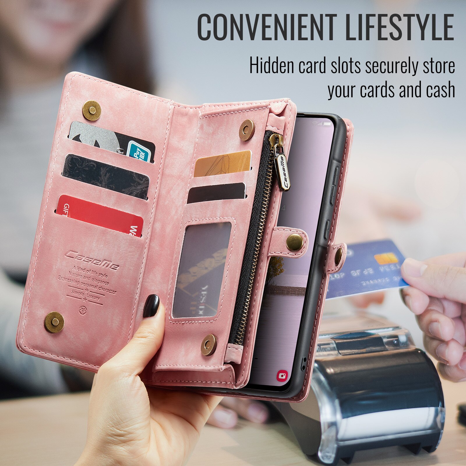 Multi-slot Mobiltaske Samsung Galaxy A17 Lyserød