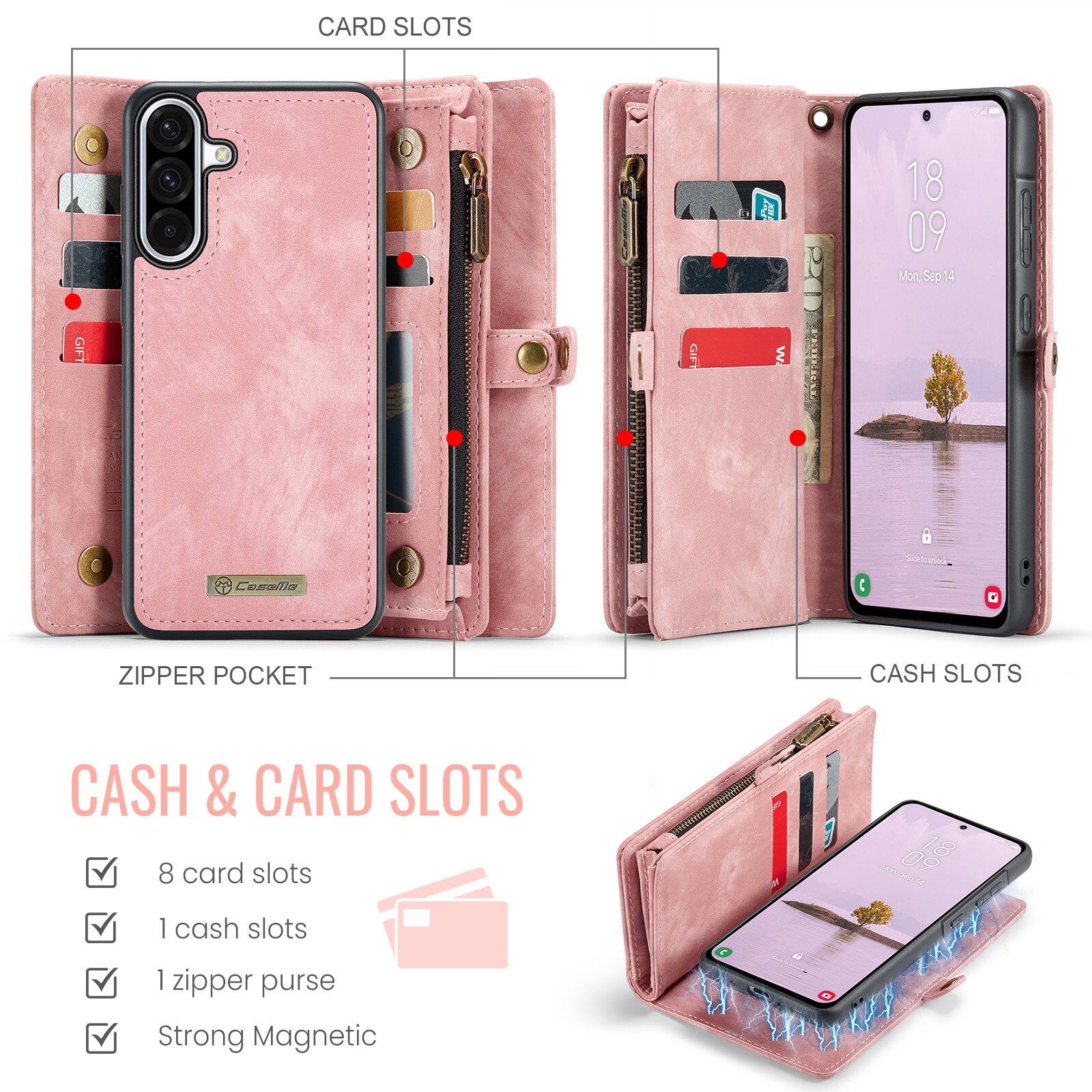 Multi-slot Mobiltaske Samsung Galaxy A17 Lyserød