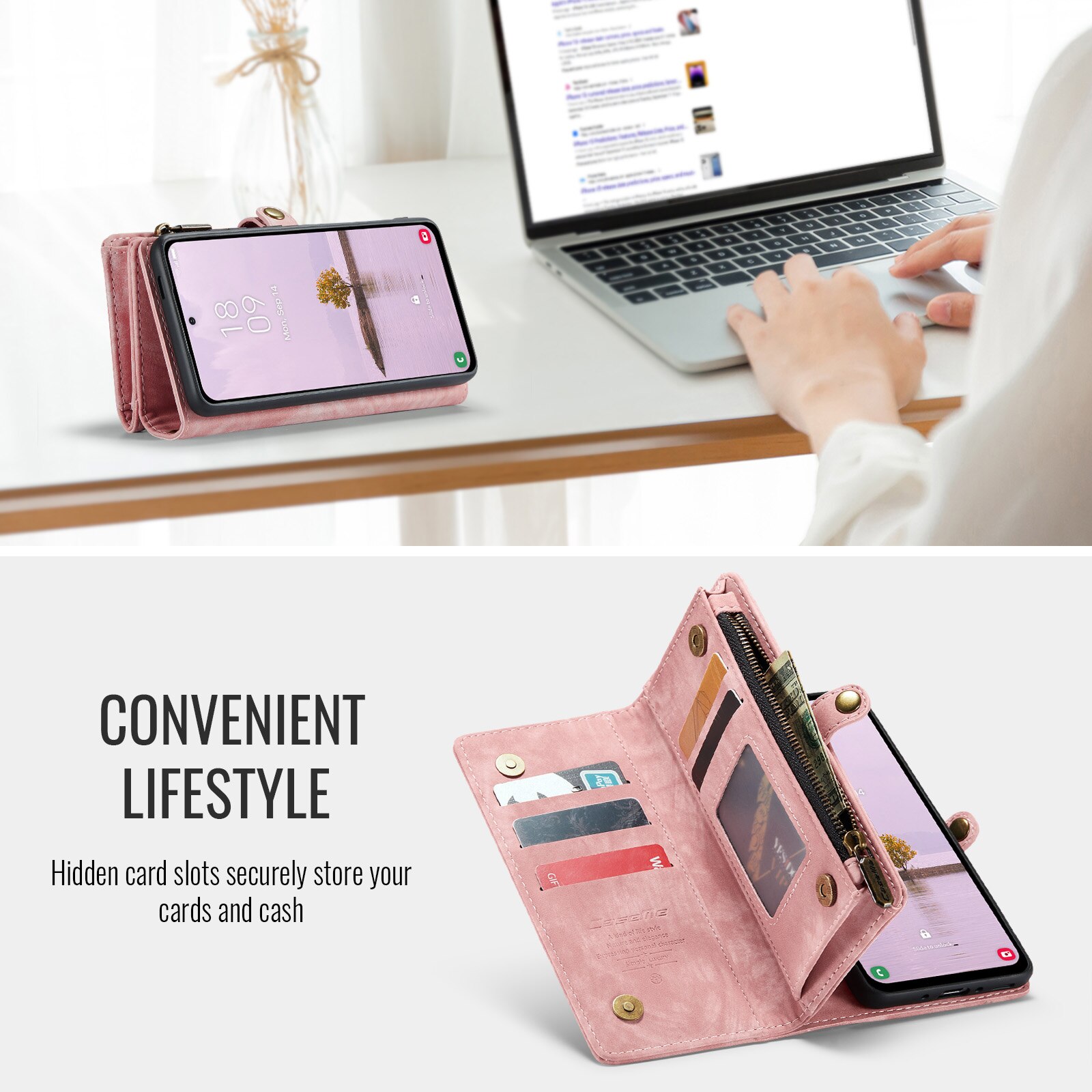 Multi-slot Mobiltaske Samsung Galaxy A17 Lyserød