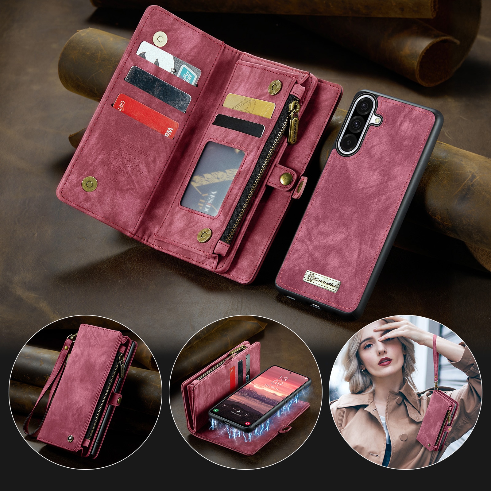 Multi-slot Mobiltaske Samsung Galaxy A17 Rød