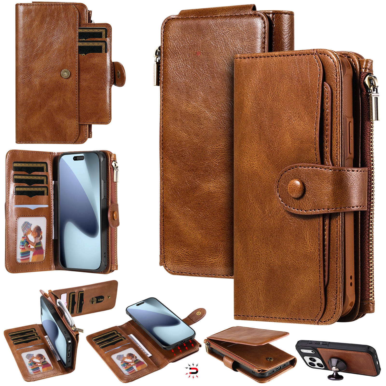 Magnet Leather Multi-Wallet iPhone 17 Pro Max Brun