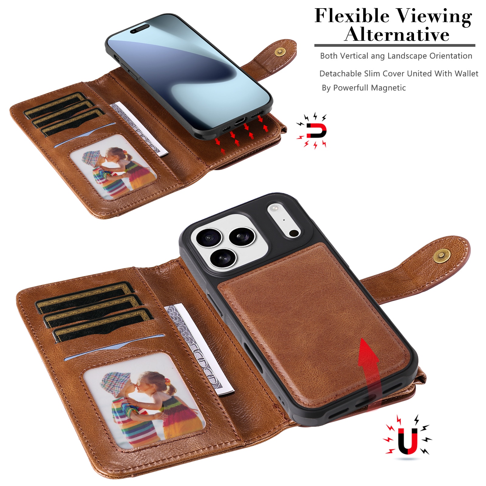 Magnet Leather Multi-Wallet iPhone 17 Pro Max Brun