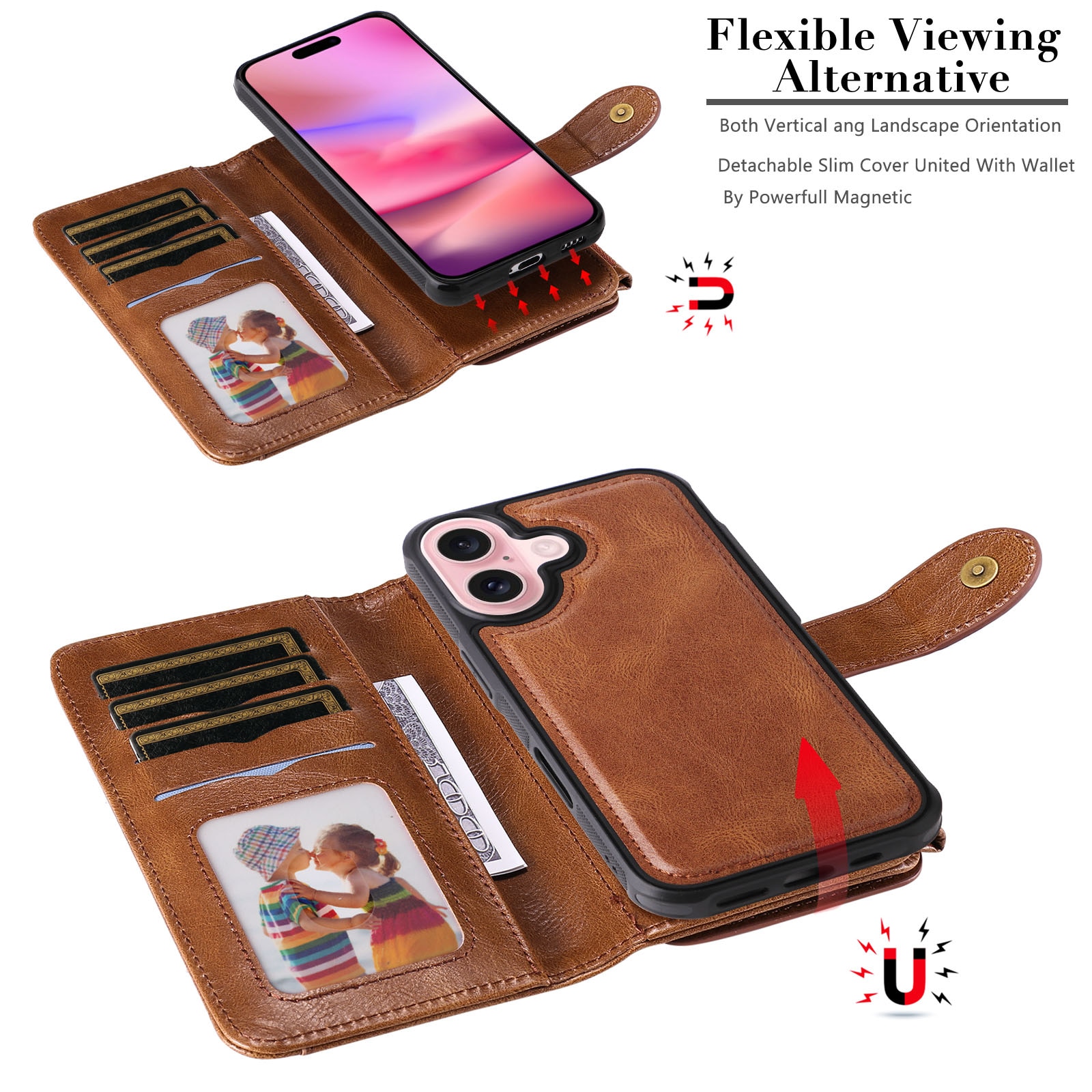 Magnet Leather Multi-Wallet iPhone 17 Brun