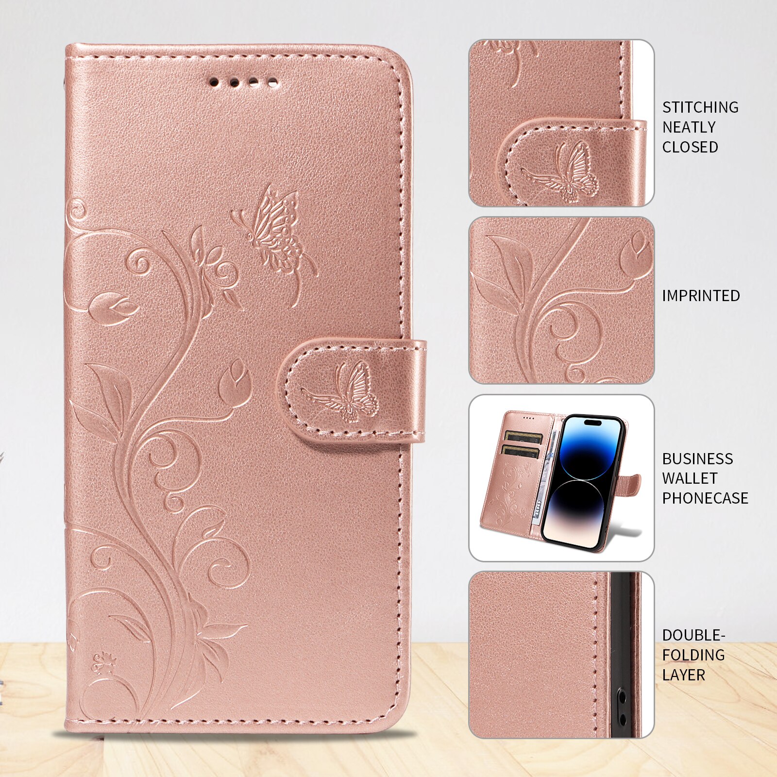 Læderetui Sommerfugle Sony Xperia 10 VII Rose guld
