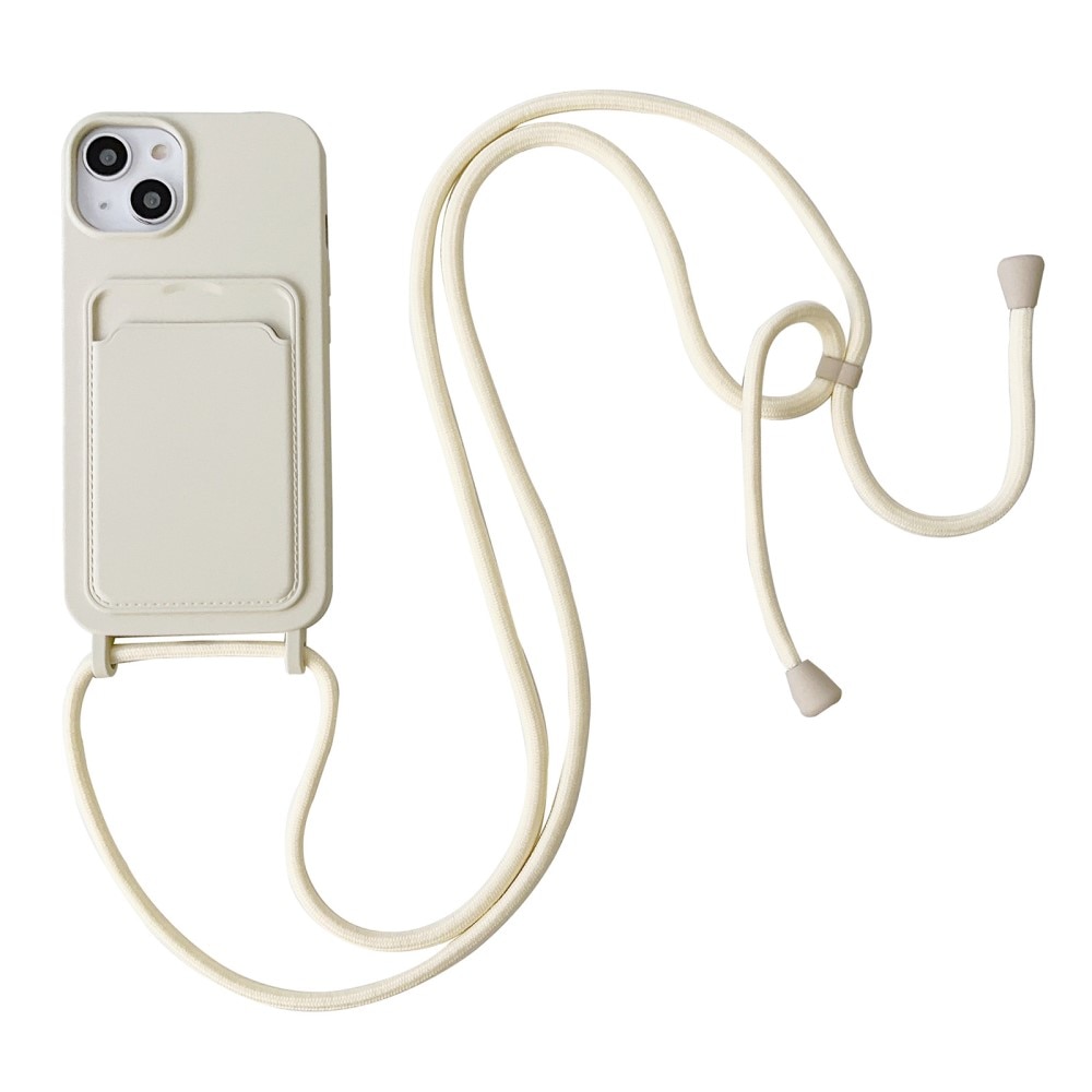 iPhone 14 Cover Silikone Kortholder + Halskæde strop beige