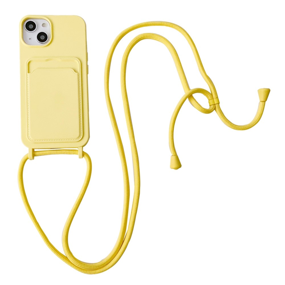 iPhone 14 Cover Silikone Kortholder + Halskæde strop gul
