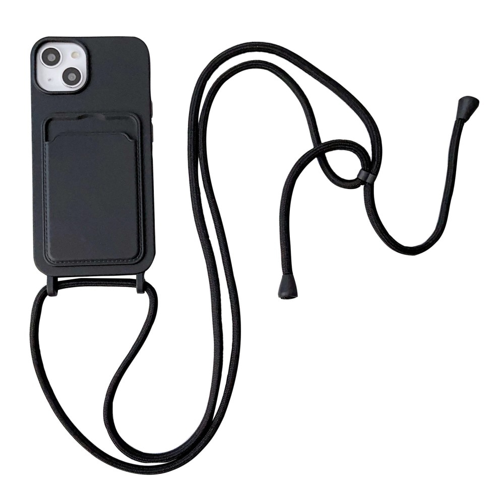 iPhone 14 Cover Silikone Kortholder + Halskæde strop sort
