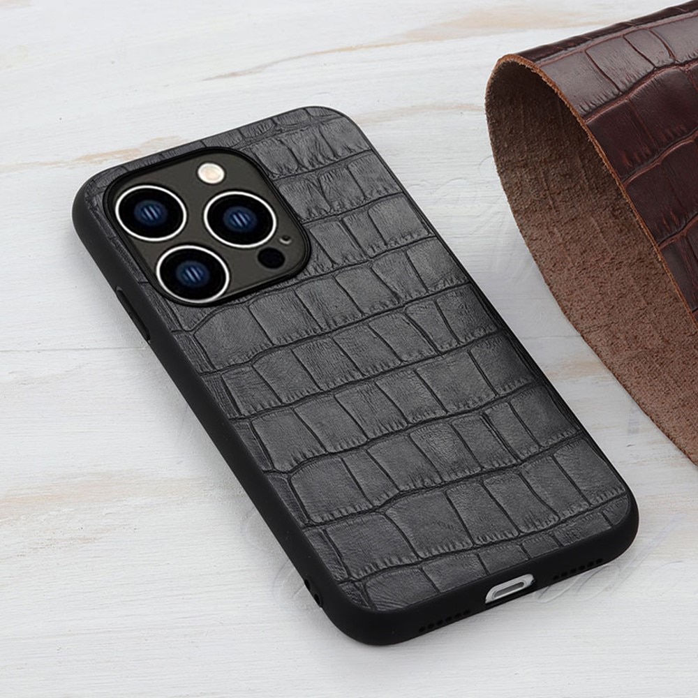 Ægte Læder Cover Krokodille iPhone 15 Pro sort