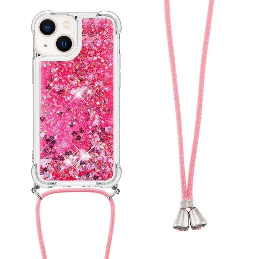 Glitter Powder TPU Cover halskæde strop iPhone 15 lyserød