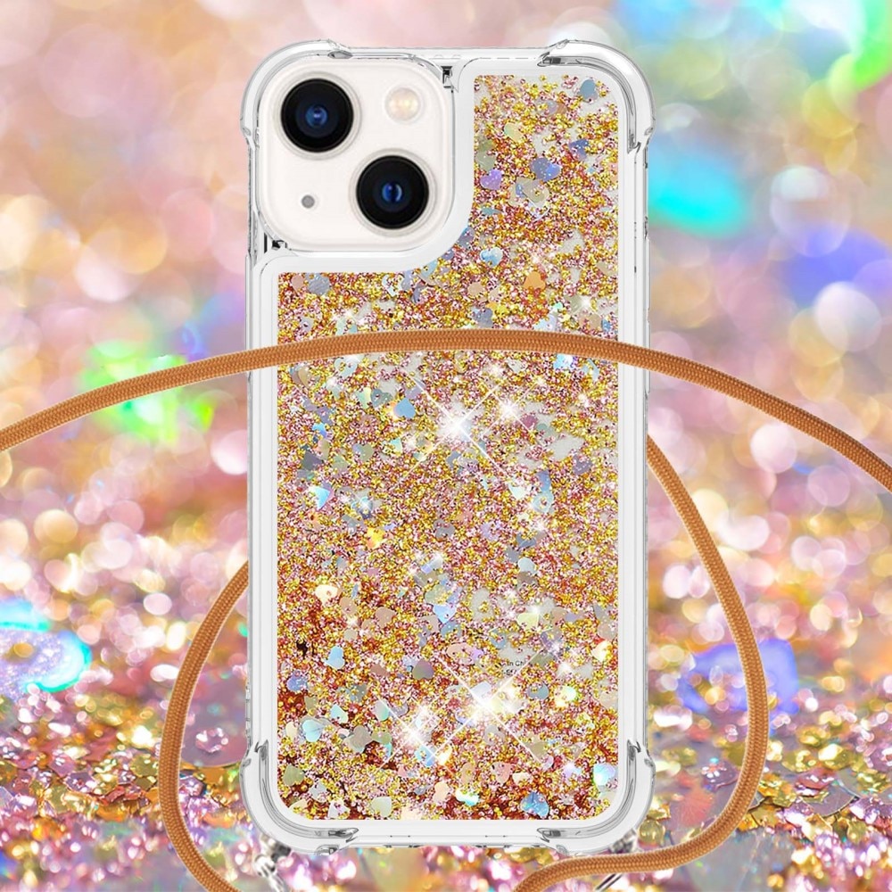 Glitter Powder TPU Cover halskæde strop iPhone 15 guld