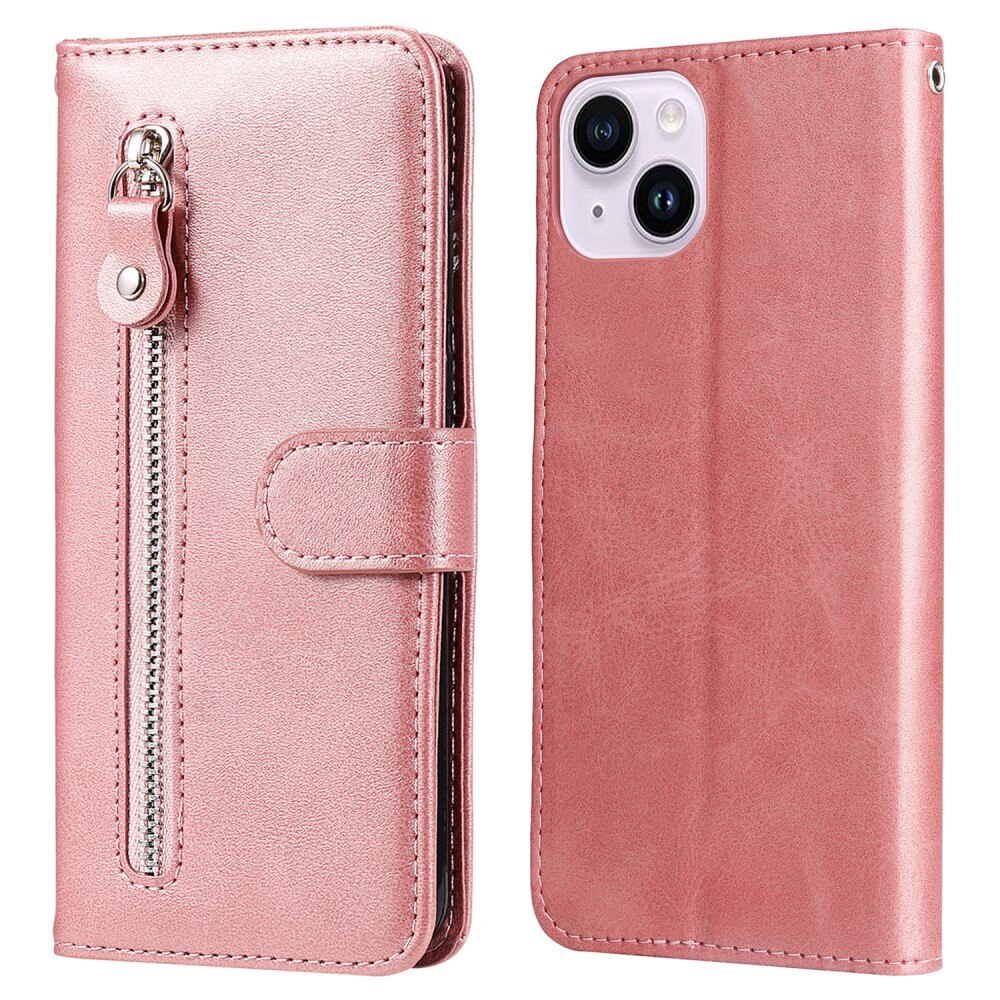 Læderetui Zipper iPhone 15 lyserød