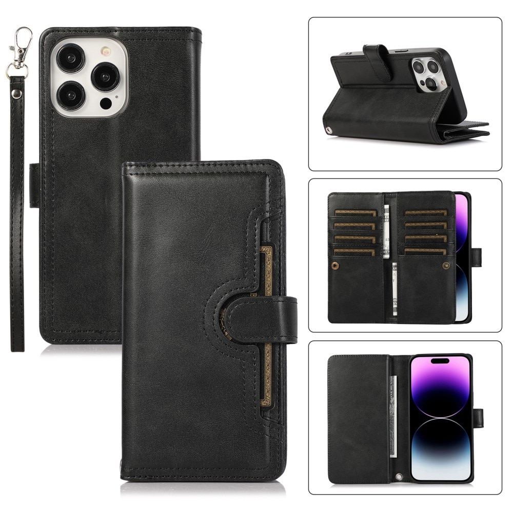 Zipper Læder multi-slot tegnebog iPhone 15 Pro Max sort